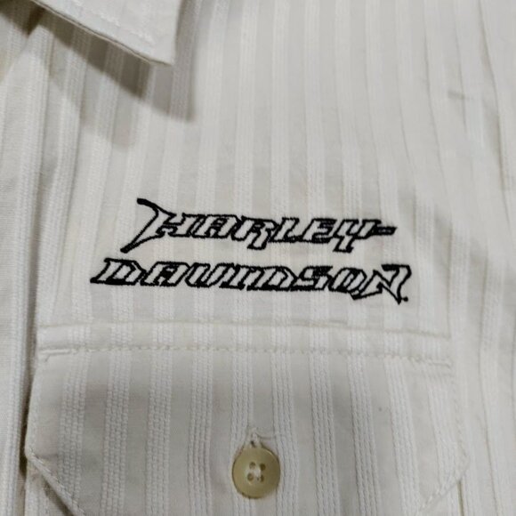 Harley-Davidson Embroidered Textured Striped Button-Up Shirt Cream Women's Large - Picture 6 of 9